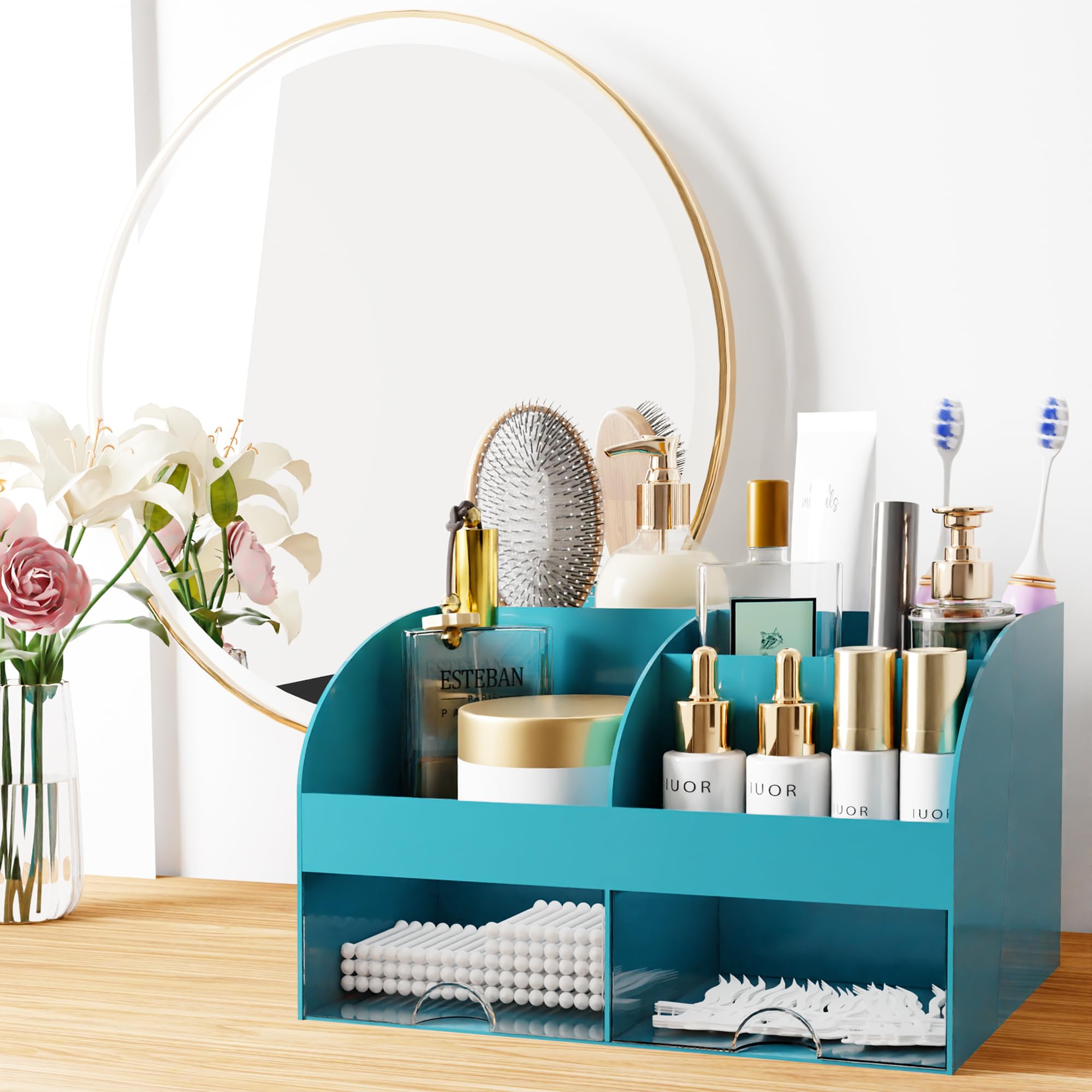 Makeup Organizer with Drawers, Cosmetic Storage for Dresser Vanity and Bathroom Countertop, Beauty Holder for Lipstick Brush, Skincare Organizer for Vanity, Cosmetic Display Case (White)