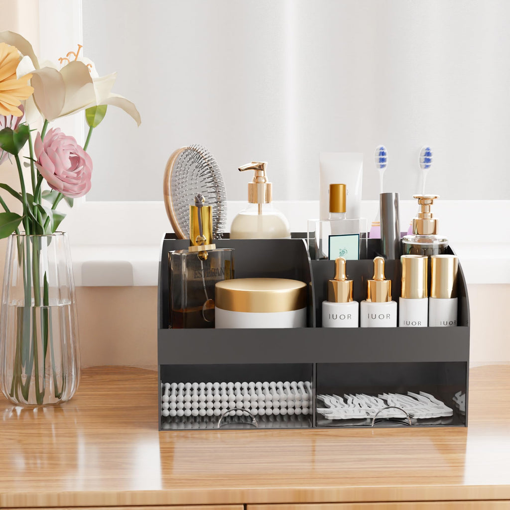 Makeup Organizer with Drawers, Cosmetic Storage for Dresser Vanity and Bathroom Countertop, Beauty Holder for Lipstick Brush, Skincare Organizer for Vanity, Cosmetic Display Case (White)