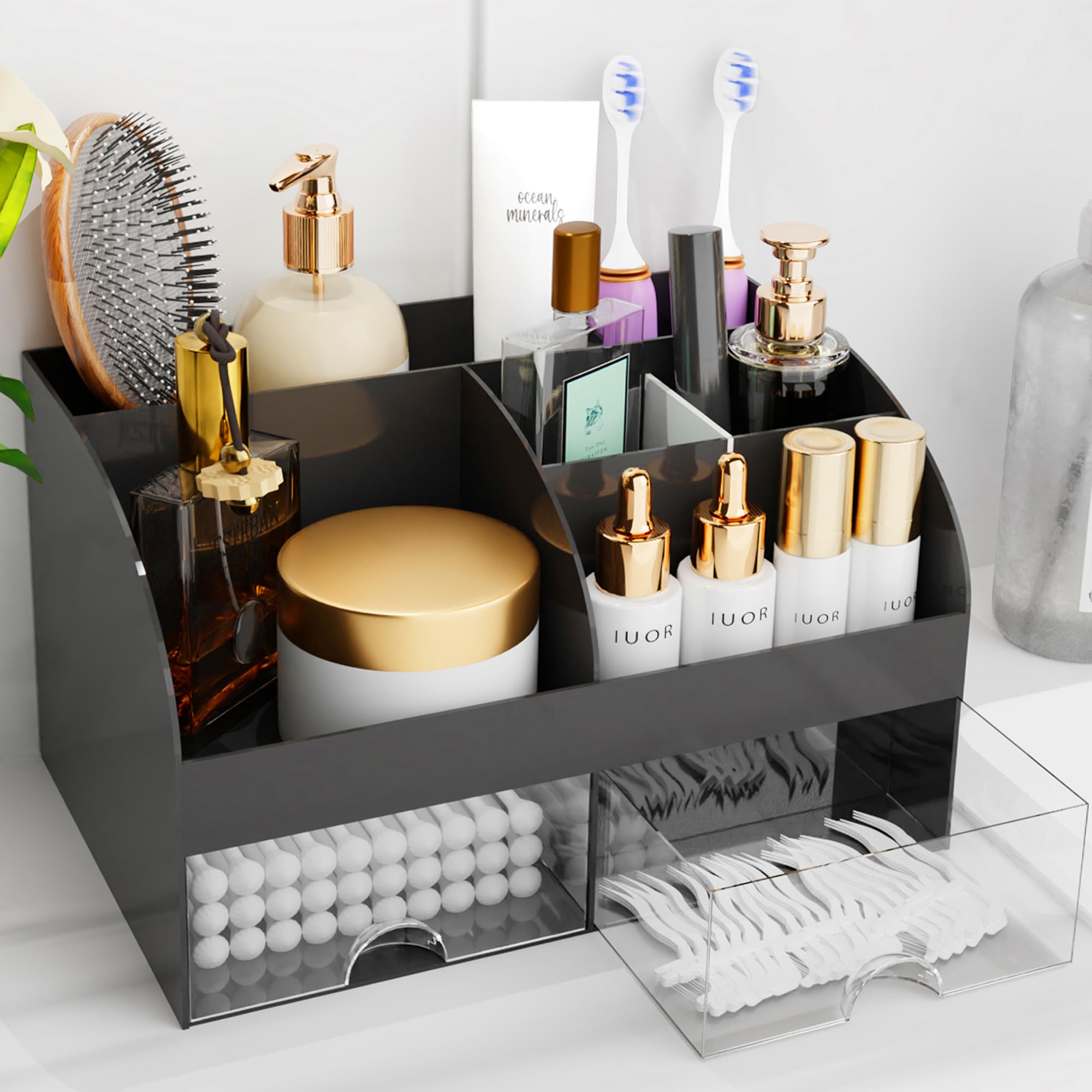 Makeup Organizer with Drawers, Cosmetic Storage for Dresser Vanity and Bathroom Countertop, Beauty Holder for Lipstick Brush, Skincare Organizer for Vanity, Cosmetic Display Case (White)