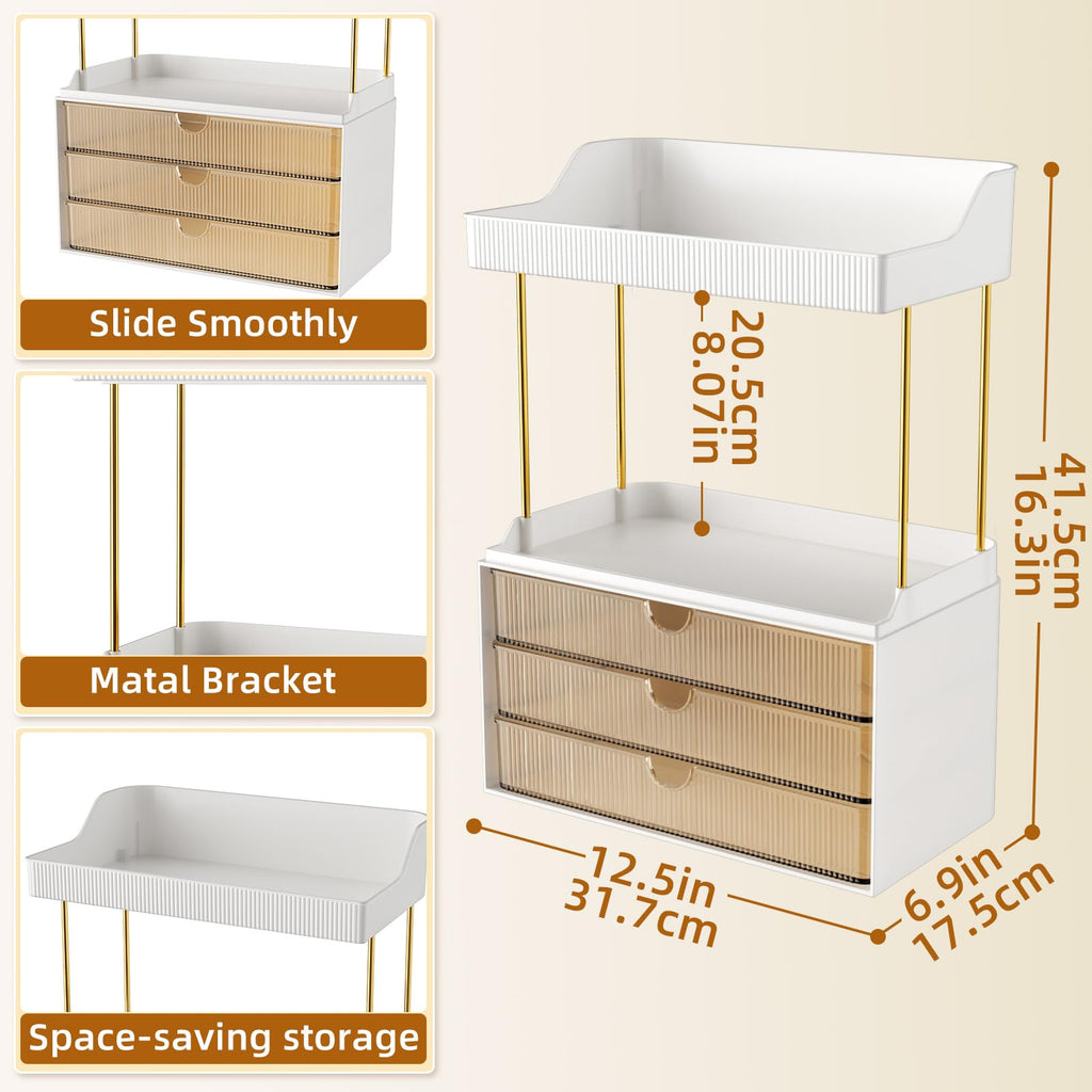 StorBin 3 Large Drawers Makeup Organizer - 5 Tier Bathroom Counter Organizers and Storage, Versatile Perfume Vanity Organizer, Ideal for Cosmetic, Large Skincare, Face Mask, Office Supplies, Amber