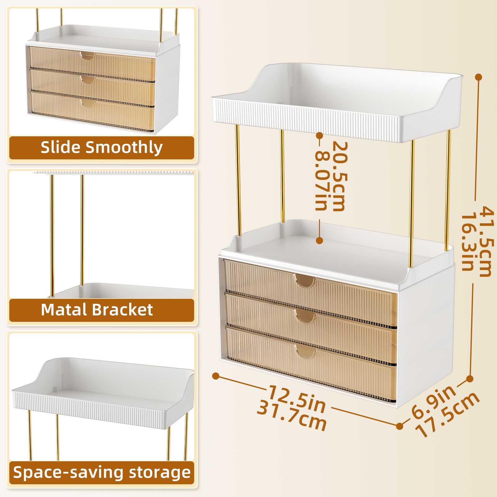 StorBin 3 Large Drawers Makeup Organizer - 5 Tier Bathroom Counter Organizers and Storage, Versatile Perfume Vanity Organizer, Ideal for Cosmetic, Large Skincare, Face Mask, Office Supplies, Amber