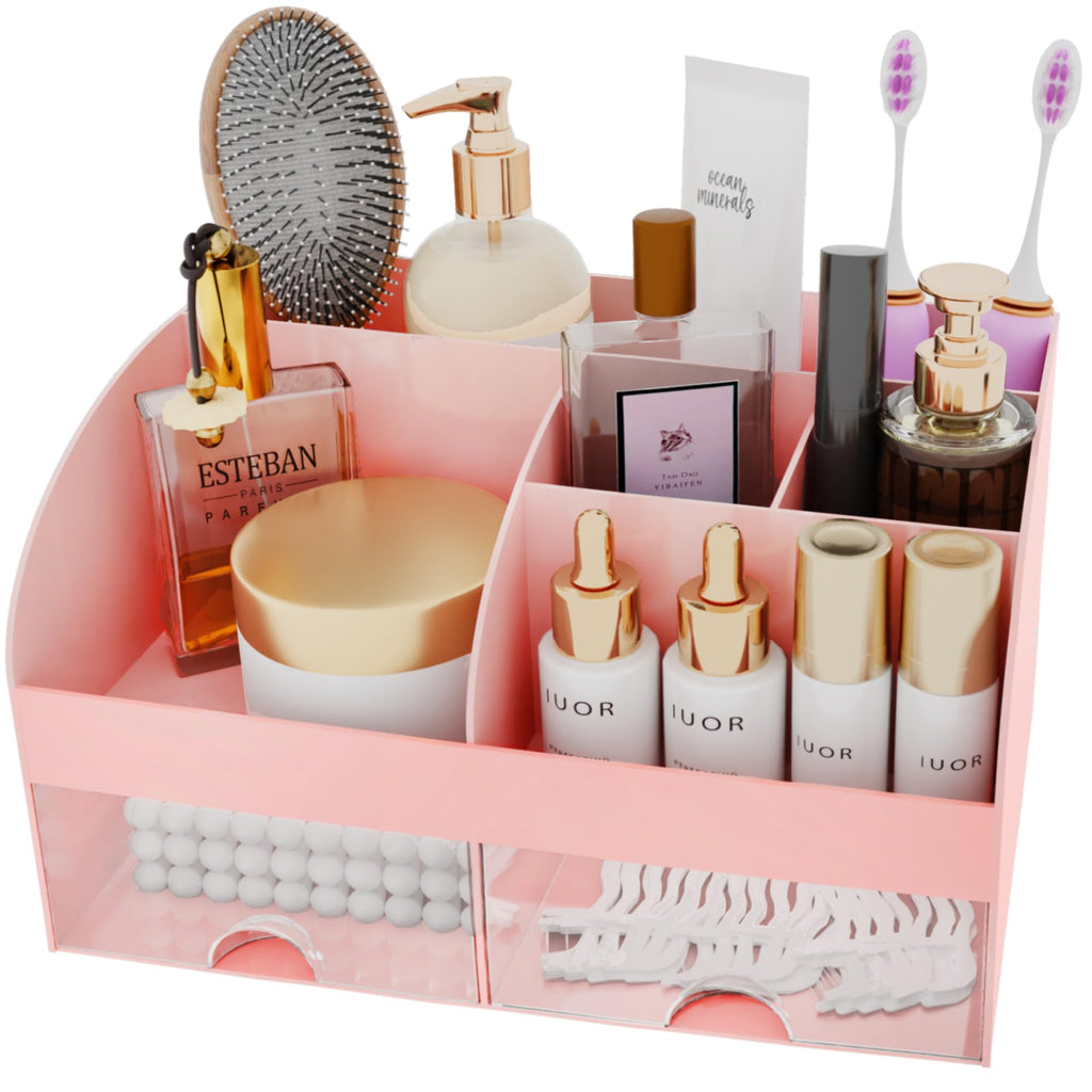Makeup Organizer with Drawers, Cosmetic Storage for Dresser Vanity and Bathroom Countertop, Beauty Holder for Lipstick Brush, Skincare Organizer for Vanity, Cosmetic Display Case (White)