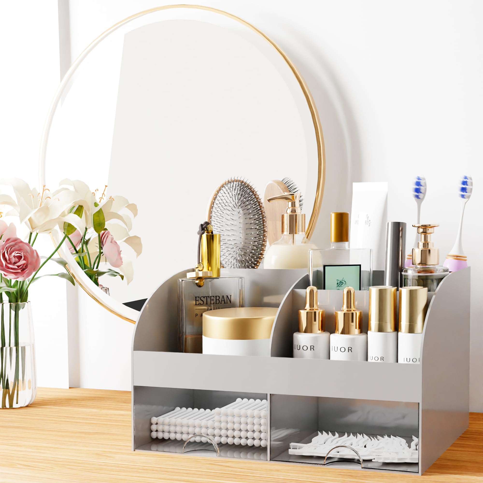 Makeup Organizer with Drawers, Cosmetic Storage for Dresser Vanity and Bathroom Countertop, Beauty Holder for Lipstick Brush, Skincare Organizer for Vanity, Cosmetic Display Case (White)