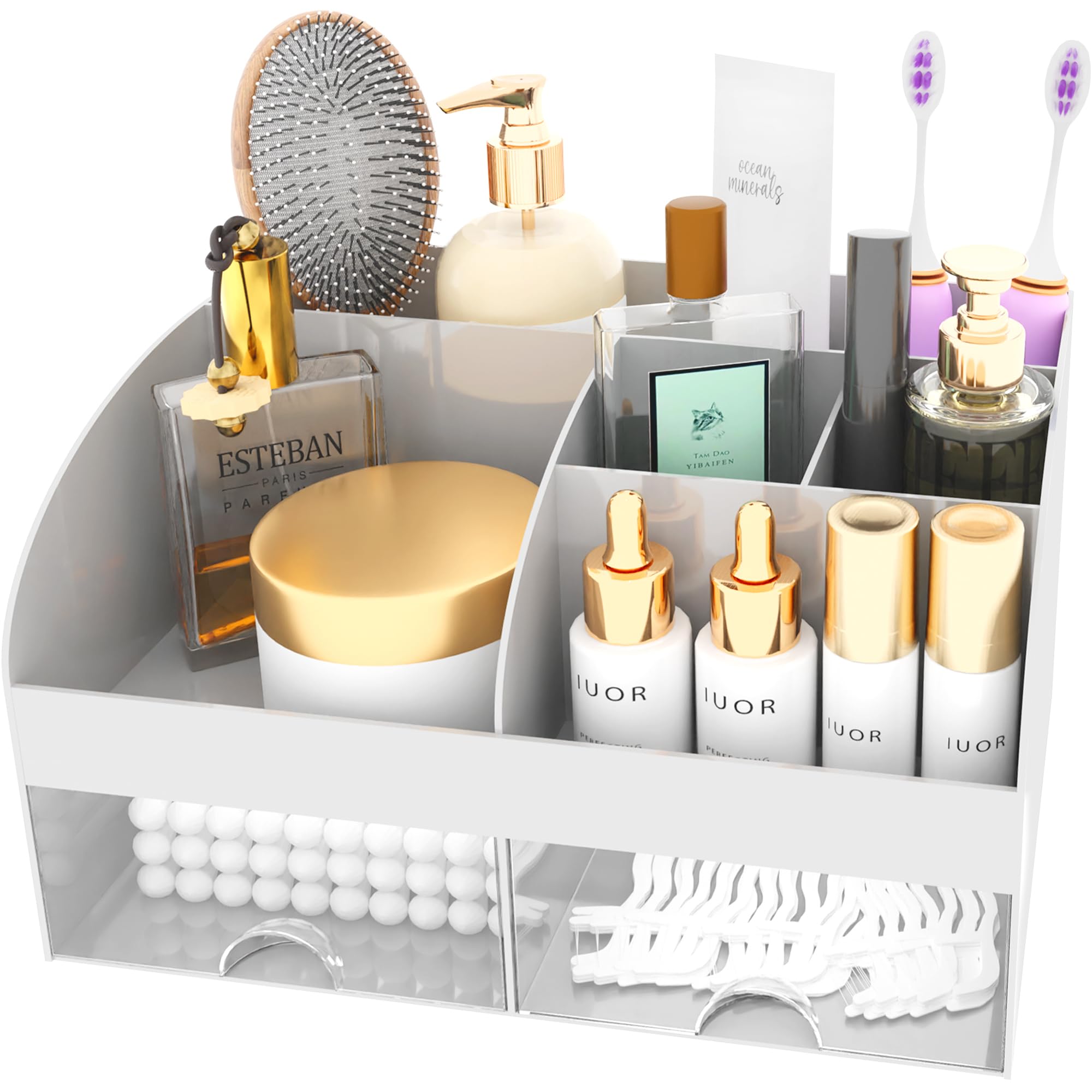 Makeup Organizer with Drawers, Cosmetic Storage for Dresser Vanity and Bathroom Countertop, Beauty Holder for Lipstick Brush, Skincare Organizer for Vanity, Cosmetic Display Case (White)
