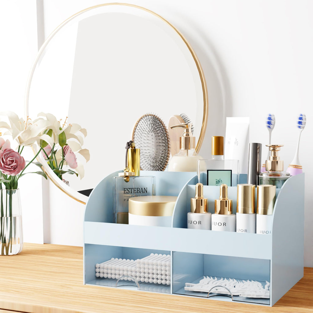 Makeup Organizer with Drawers, Cosmetic Storage for Dresser Vanity and Bathroom Countertop, Beauty Holder for Lipstick Brush, Skincare Organizer for Vanity, Cosmetic Display Case (White)