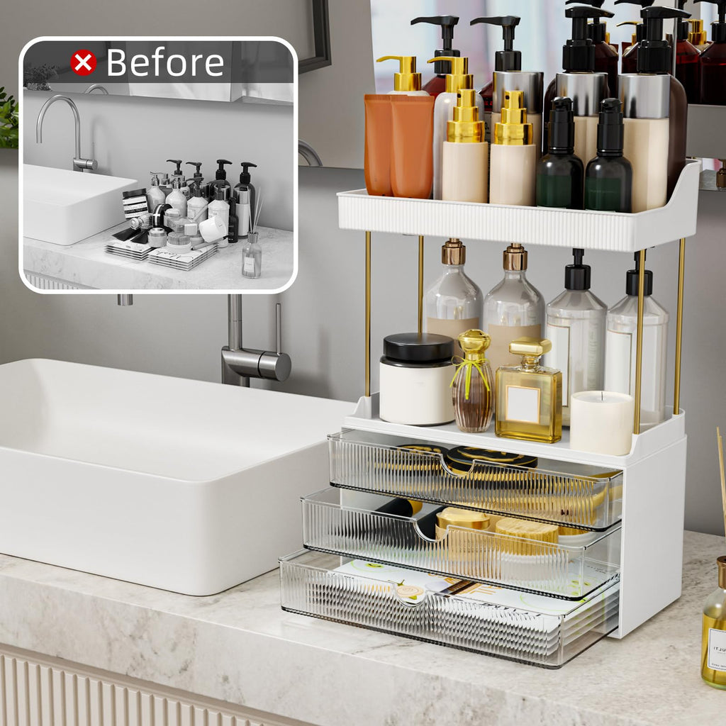StorBin 3 Large Drawers Makeup Organizer - 5 Tier Bathroom Counter Organizers and Storage, Versatile Perfume Vanity Organizer, Ideal for Cosmetic, Large Skincare, Face Mask, Office Supplies, Amber