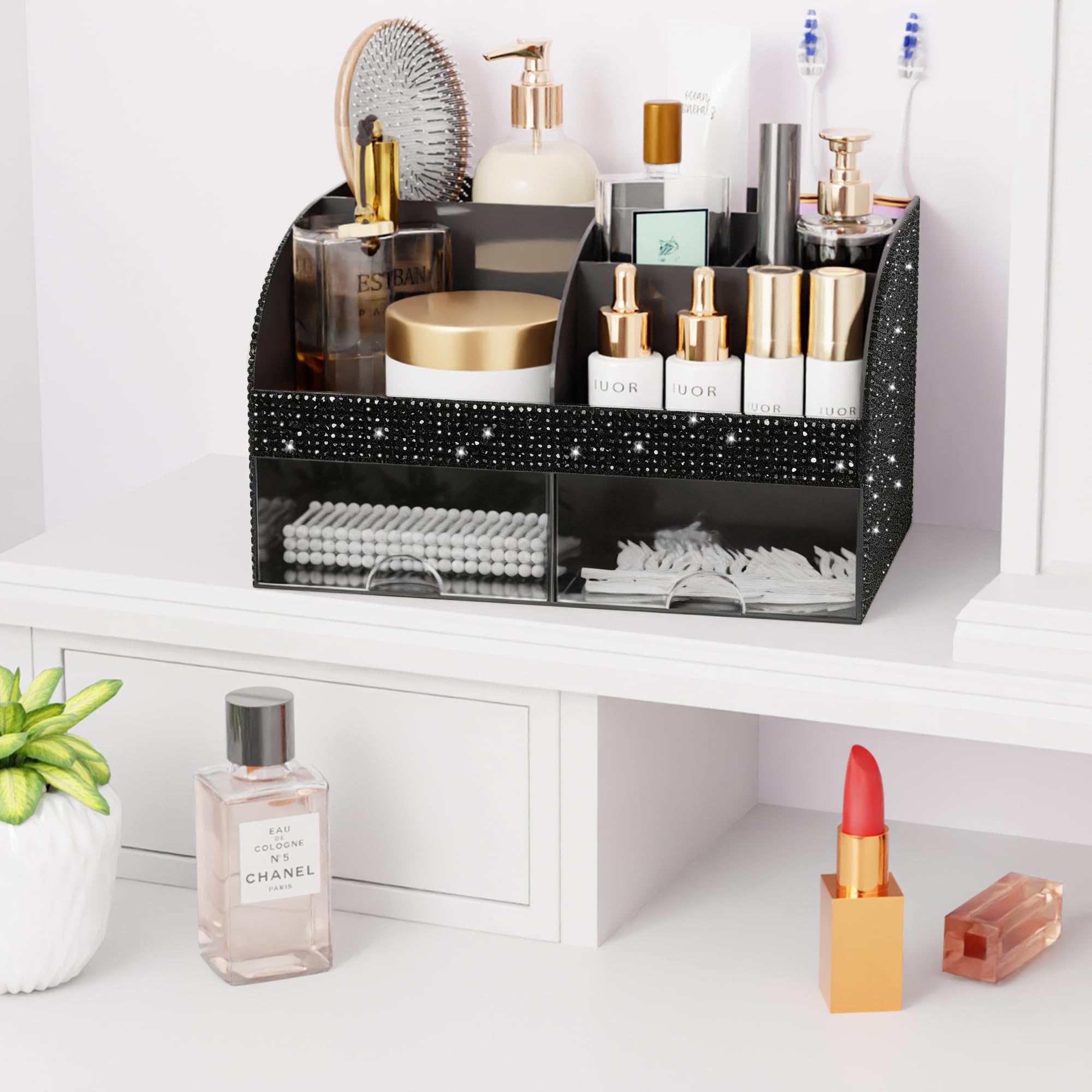 Makeup Organizer with Drawers, Cosmetic Storage for Dresser Vanity and Bathroom Countertop, Beauty Holder for Lipstick Brush, Skincare Organizer for Vanity, Cosmetic Display Case (White)