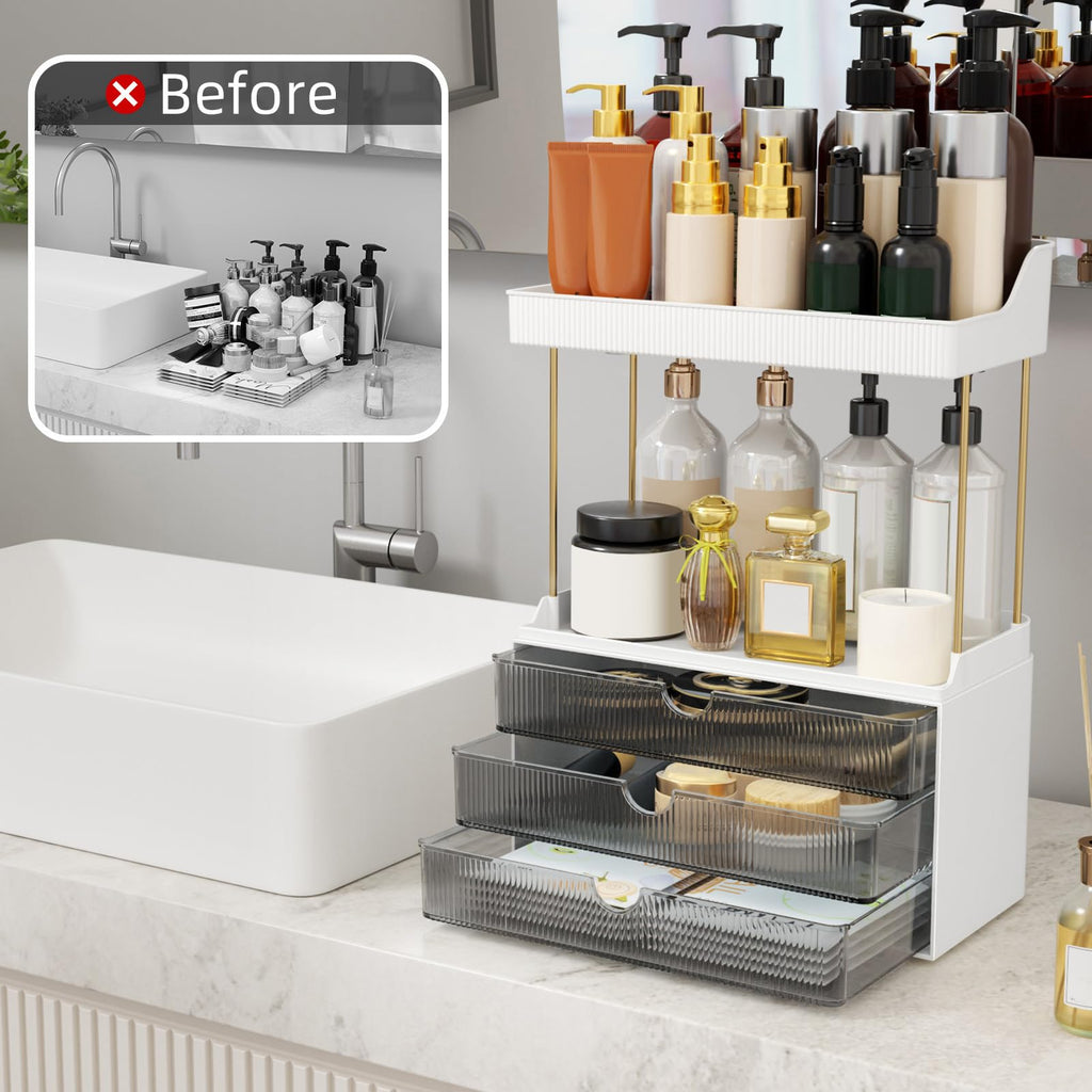 StorBin 3 Large Drawers Makeup Organizer - 5 Tier Bathroom Counter Organizers and Storage, Versatile Perfume Vanity Organizer, Ideal for Cosmetic, Large Skincare, Face Mask, Office Supplies, Amber