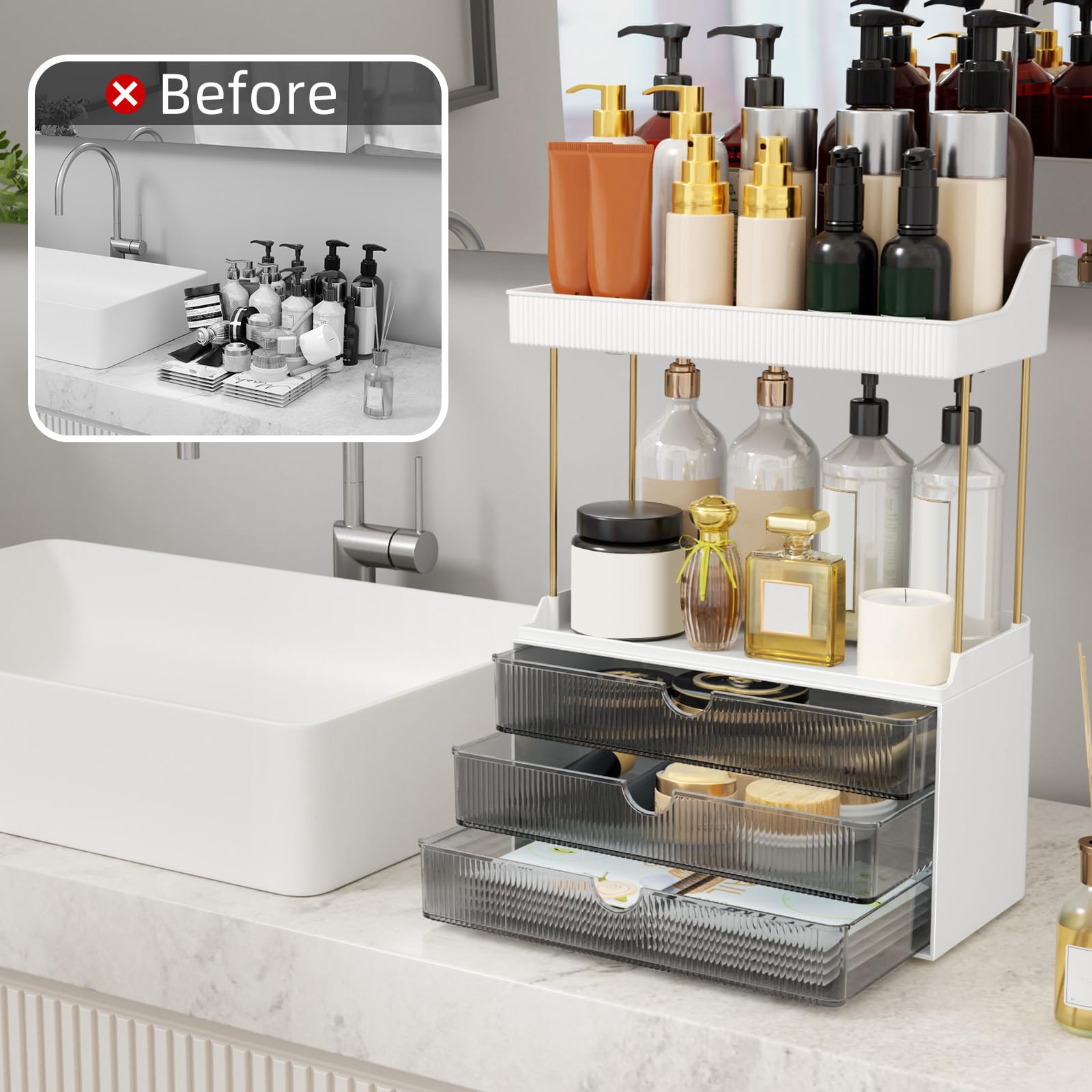 StorBin 3 Large Drawers Makeup Organizer - 5 Tier Bathroom Counter Organizers and Storage, Versatile Perfume Vanity Organizer, Ideal for Cosmetic, Large Skincare, Face Mask, Office Supplies, Amber