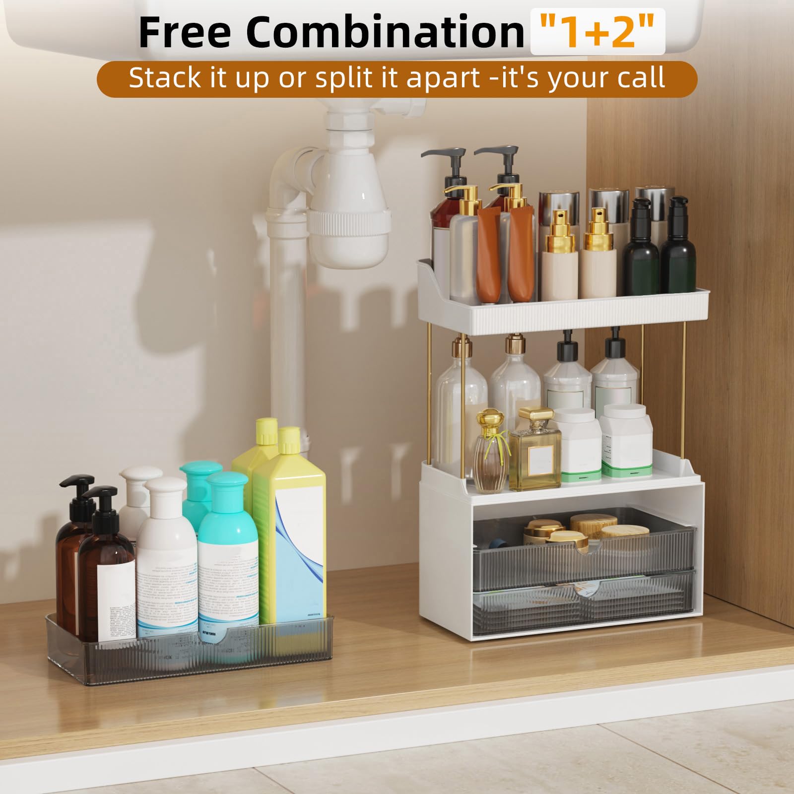StorBin 3 Large Drawers Makeup Organizer - 5 Tier Bathroom Counter Organizers and Storage, Versatile Perfume Vanity Organizer, Ideal for Cosmetic, Large Skincare, Face Mask, Office Supplies, Amber
