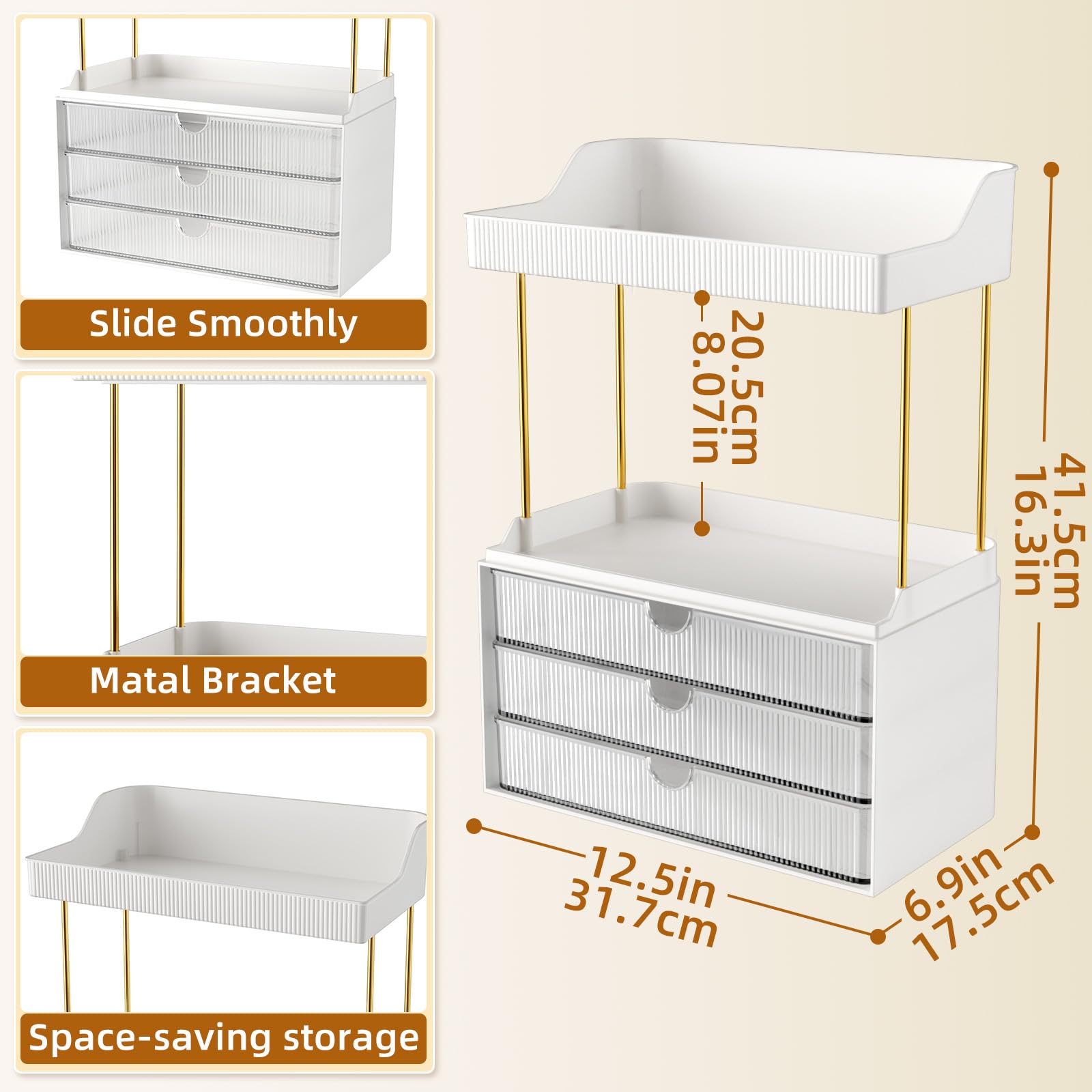 StorBin 3 Large Drawers Makeup Organizer - 5 Tier Bathroom Counter Organizers and Storage, Versatile Perfume Vanity Organizer, Ideal for Cosmetic, Large Skincare, Face Mask, Office Supplies, Amber