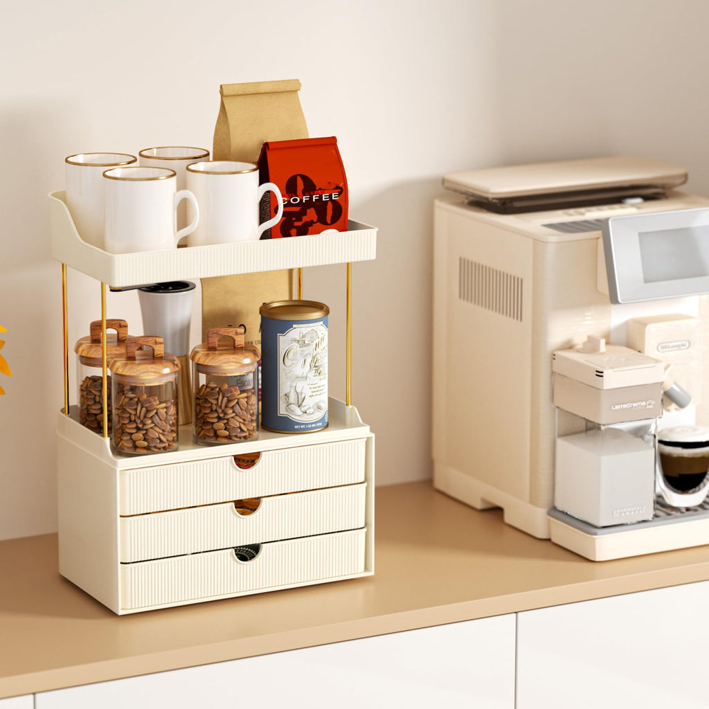 StorBin 3 Large Drawers Makeup Organizer - 5 Tier Bathroom Counter Organizers and Storage, Versatile Perfume Vanity Organizer, Ideal for Cosmetic, Large Skincare, Face Mask, Office Supplies, Amber