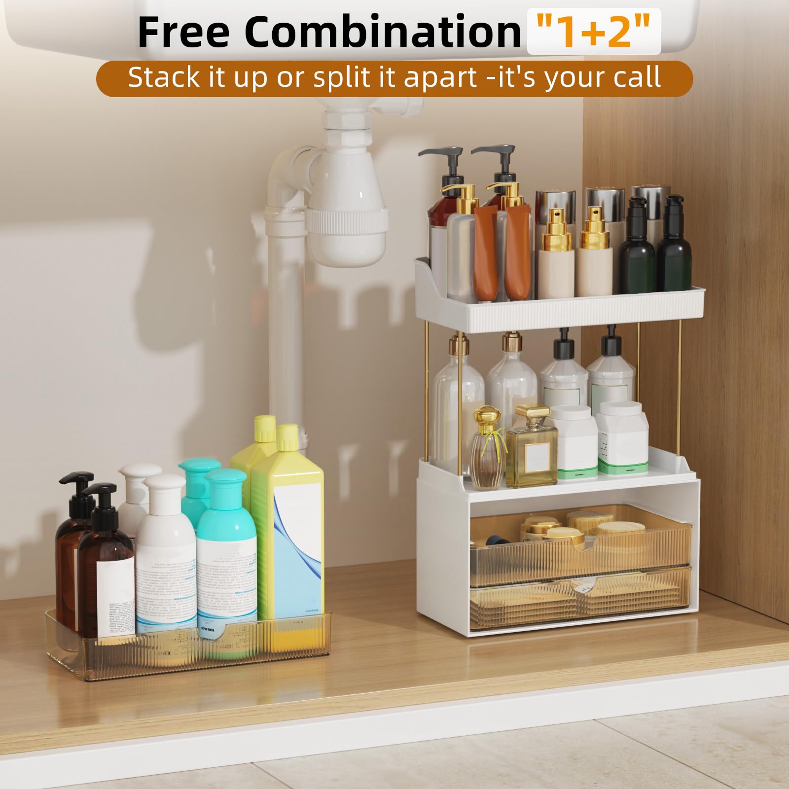 StorBin 3 Large Drawers Makeup Organizer - 5 Tier Bathroom Counter Organizers and Storage, Versatile Perfume Vanity Organizer, Ideal for Cosmetic, Large Skincare, Face Mask, Office Supplies, Amber
