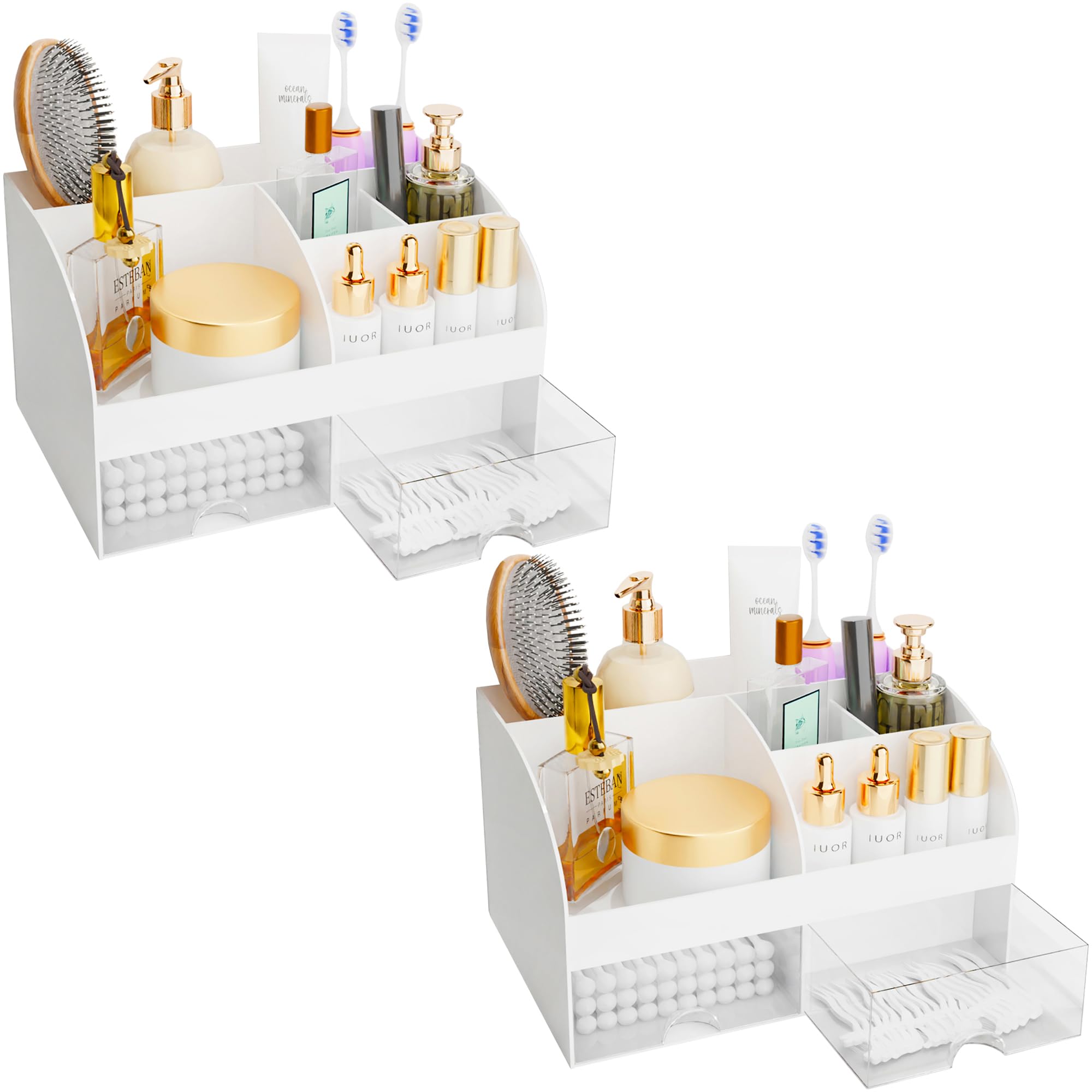 Makeup Organizer with Drawers, Cosmetic Storage for Dresser Vanity and Bathroom Countertop, Beauty Holder for Lipstick Brush, Skincare Organizer for Vanity, Cosmetic Display Case (White)