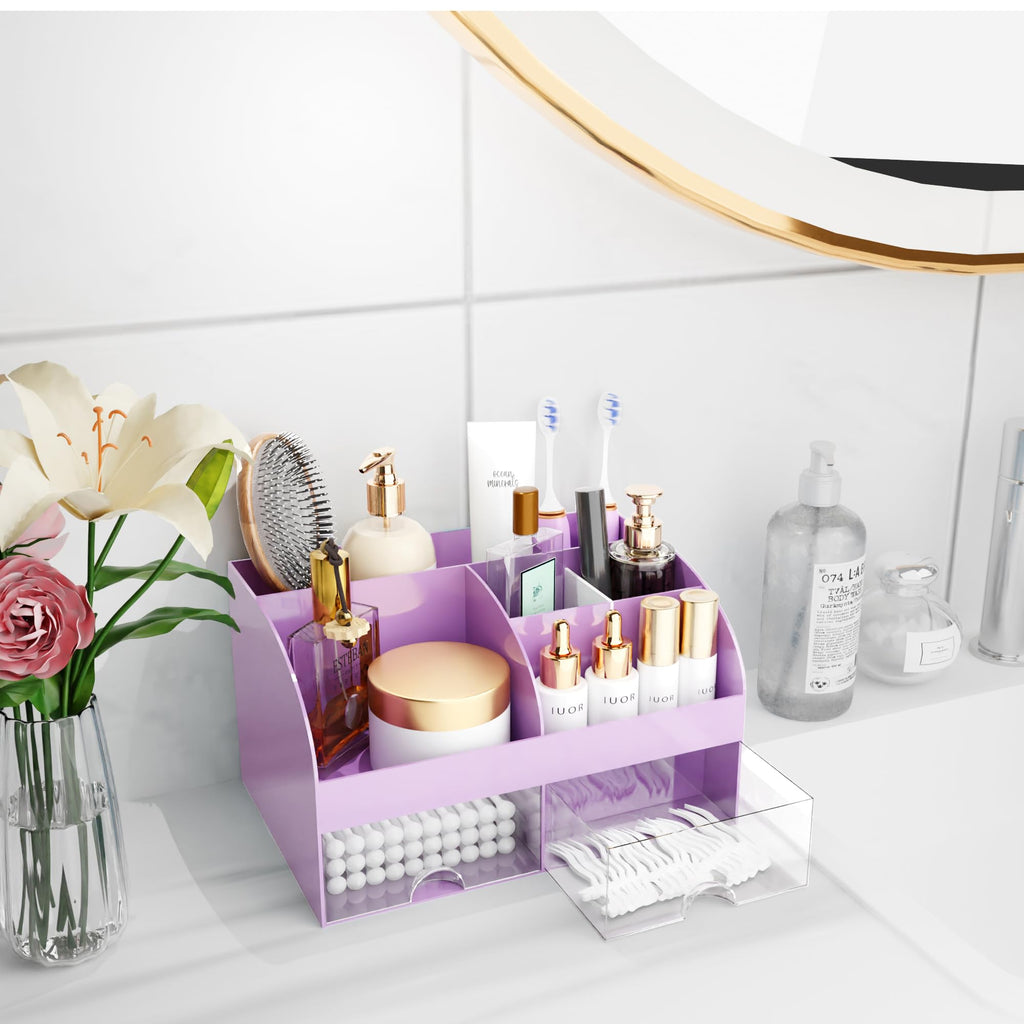 Makeup Organizer with Drawers, Cosmetic Storage for Dresser Vanity and Bathroom Countertop, Beauty Holder for Lipstick Brush, Skincare Organizer for Vanity, Cosmetic Display Case (White)