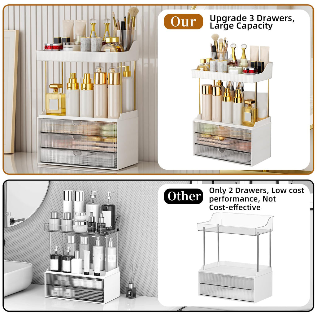 StorBin 3 Large Drawers Makeup Organizer - 5 Tier Bathroom Counter Organizers and Storage, Versatile Perfume Vanity Organizer, Ideal for Cosmetic, Large Skincare, Face Mask, Office Supplies, Amber