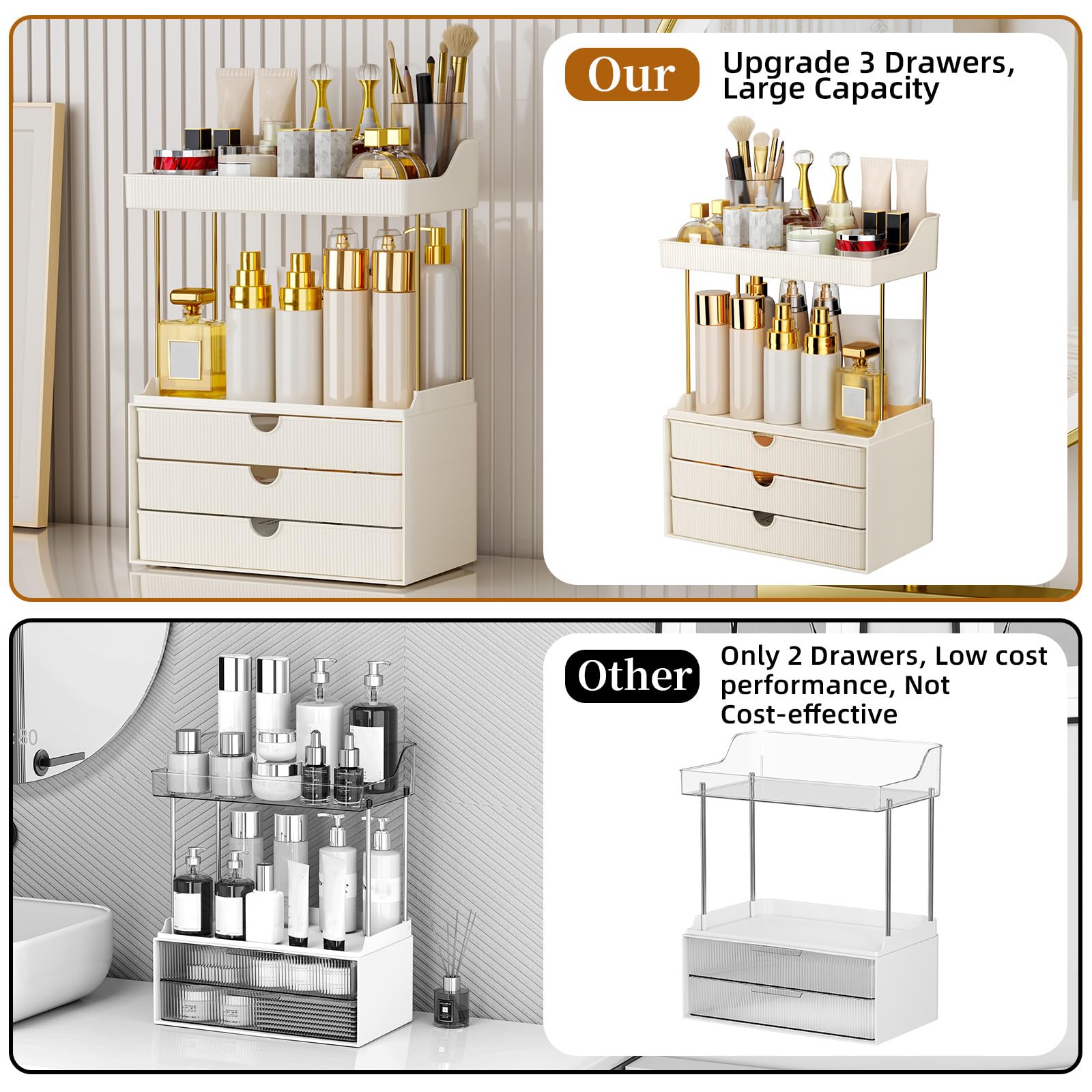 StorBin 3 Large Drawers Makeup Organizer - 5 Tier Bathroom Counter Organizers and Storage, Versatile Perfume Vanity Organizer, Ideal for Cosmetic, Large Skincare, Face Mask, Office Supplies, Amber