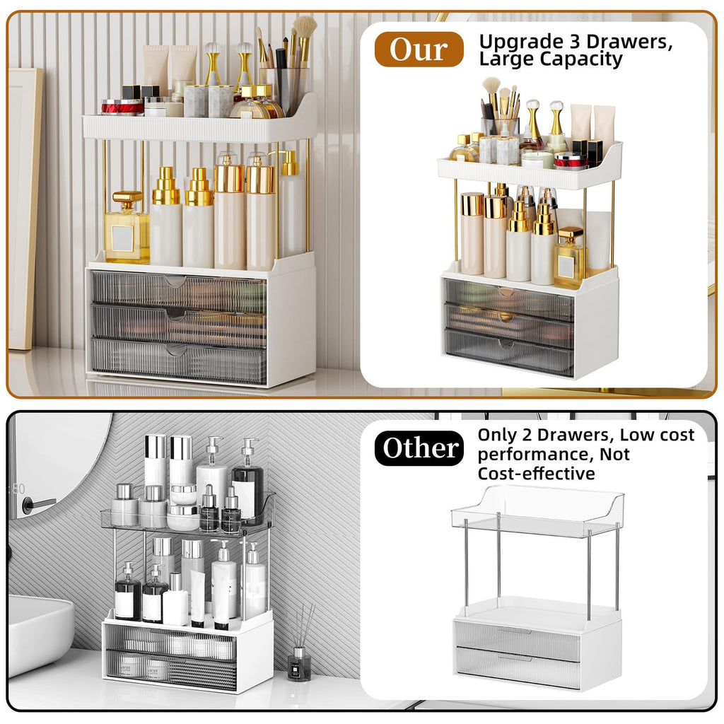 StorBin 3 Large Drawers Makeup Organizer - 5 Tier Bathroom Counter Organizers and Storage, Versatile Perfume Vanity Organizer, Ideal for Cosmetic, Large Skincare, Face Mask, Office Supplies, Amber