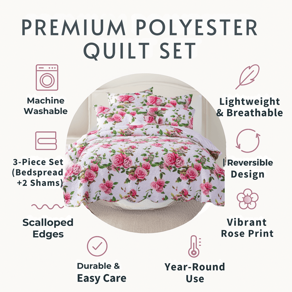 DaDa Bedding Romantic Roses Lovely Spring Pink Floral Quilted Scalloped Bedspread Set (JHW879)